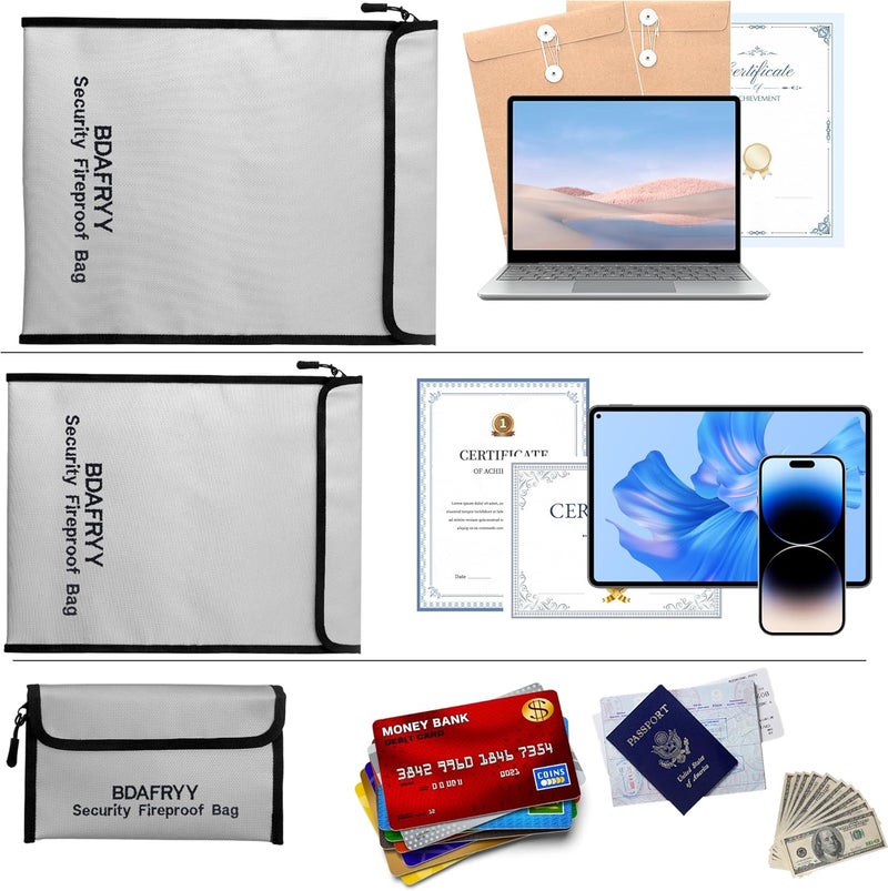 BDAFRYY 3 Pcs Fireproof Waterproof Money Important Document Bag(2000℉),Fire Proof Bag for Documents,Fire Proof Money Bag for Cash,for A4 A5 Documents Holder,Cash,Passport,Tablet,Laptop,File,Jewelry - Image 4